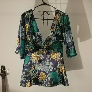 Silky blue flower printed blouse